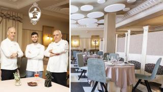 Quini, a la izquierda con sus cocineros, y el restaurante a la derecha