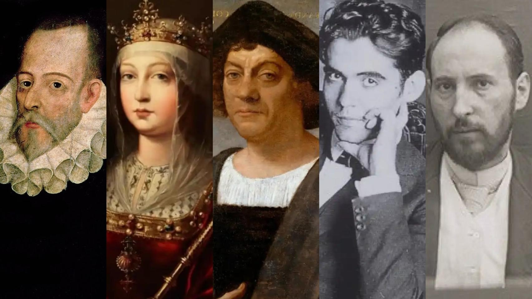 Collage con retratos de archivo de Miguel de Cervantes, Isabel I de Castilla, Cristóbal Colón, Federico García Lorca y Santiago Ramón y Cajal.