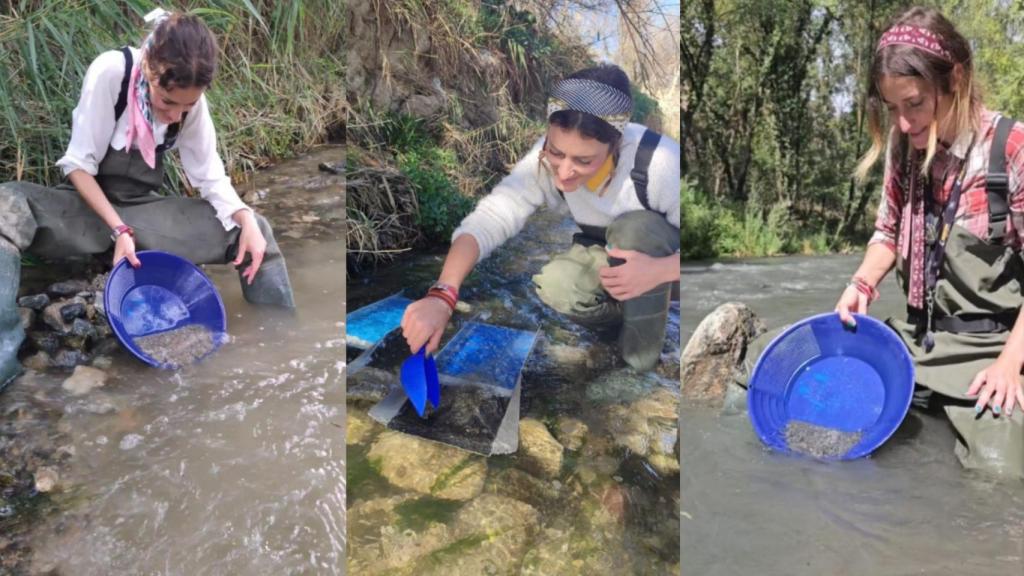Patricia en el río bateando el oro