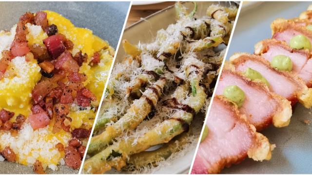 Los puerros con carbonara, las piparras en tempura y los torreznos de El Santo en Alicante.
