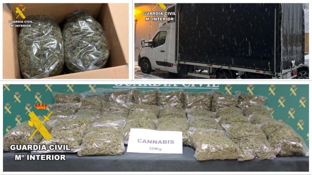 Imagen del camión interceptado y la droga intervenida por la Guardia Civil de Burgos