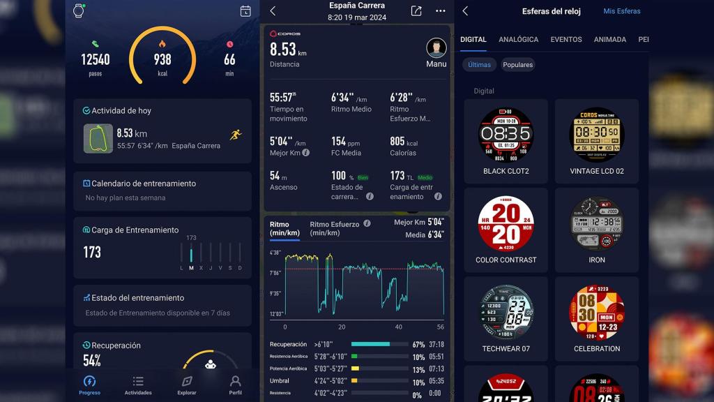 Imagen de la interfaz de la app COROS y las esferas disponibles para personalizar el reloj