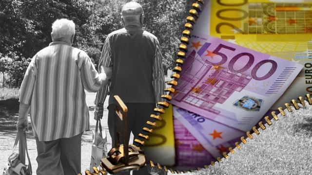 Montaje de jubilados con billetes de euro.