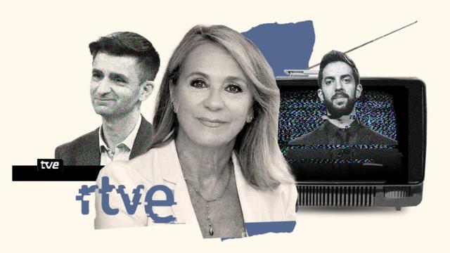 La presidenta de RTVE, Elena Sánchez,  su número dos, José Pablo López, y David Broncano