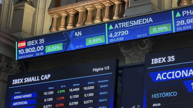 Una pantalla del Palacio de la Bolsa de Madrid muestra al Ibex 35 por encima de los 10.900 puntos.