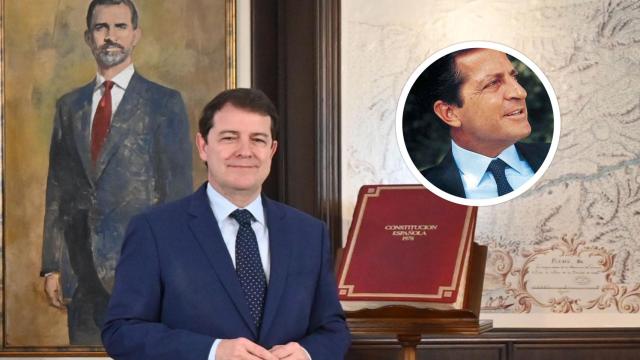 Fernández Mañueco junto a una imagen de Felipe VI y de Adolfo Suárez