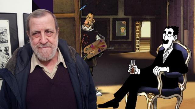 Enrique Ventura en 2015 (foto: Wikimedia Commons). A la derecha, detalle de la portada de 'Grouñidos en el desierto. 1979-1980' (editorial Dolmen).