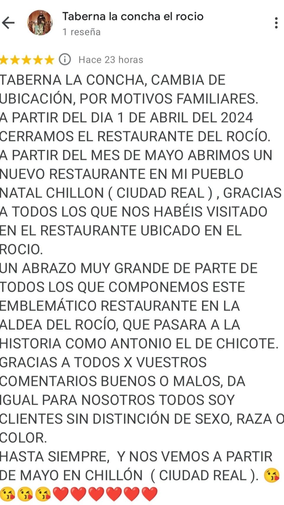 Comunicado del cierre de Taberna La Concha.