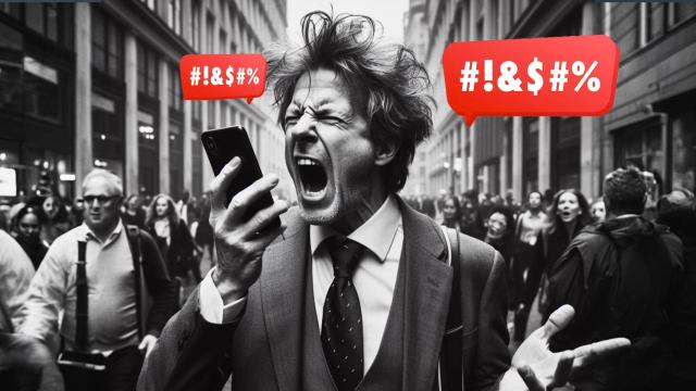 Montaje de un hombre gritando al teléfono