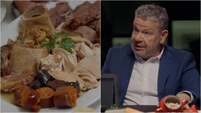 A la izquierda, imagen del cocido ganador. A la derecha, Alberto Chicote.