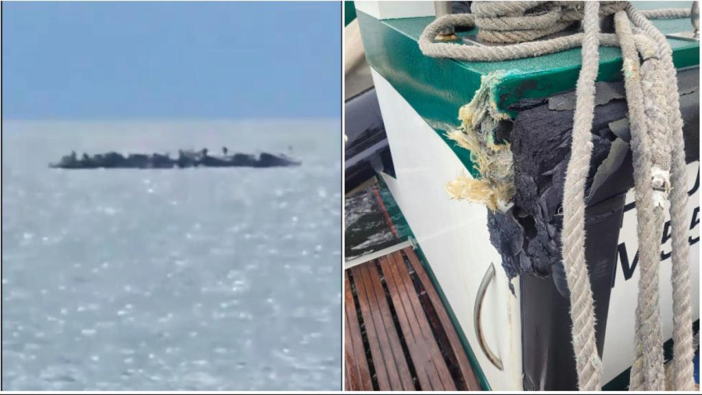 Las narcolanchas, atracadas cerca de la playa, y la patrullera de la Guardia Civil tras ser embestida.