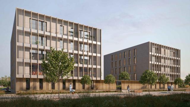 Proyección virtual de Iberia Loreto 1, la primera promoción de vivienda pública en Madrid hecha íntegramente en madera.