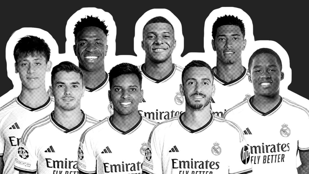 Arda Güler, Vinicius Jr., Kylian Mbappé, Jude Bellingham, Brahim Díaz, Rodrygo Goes, Joselu Matos y Endrick Felipe