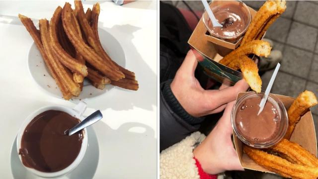 Un chocolate con churros de El Castillo. La opción de tomar en el establecimiento (I) y la de llevar (D)