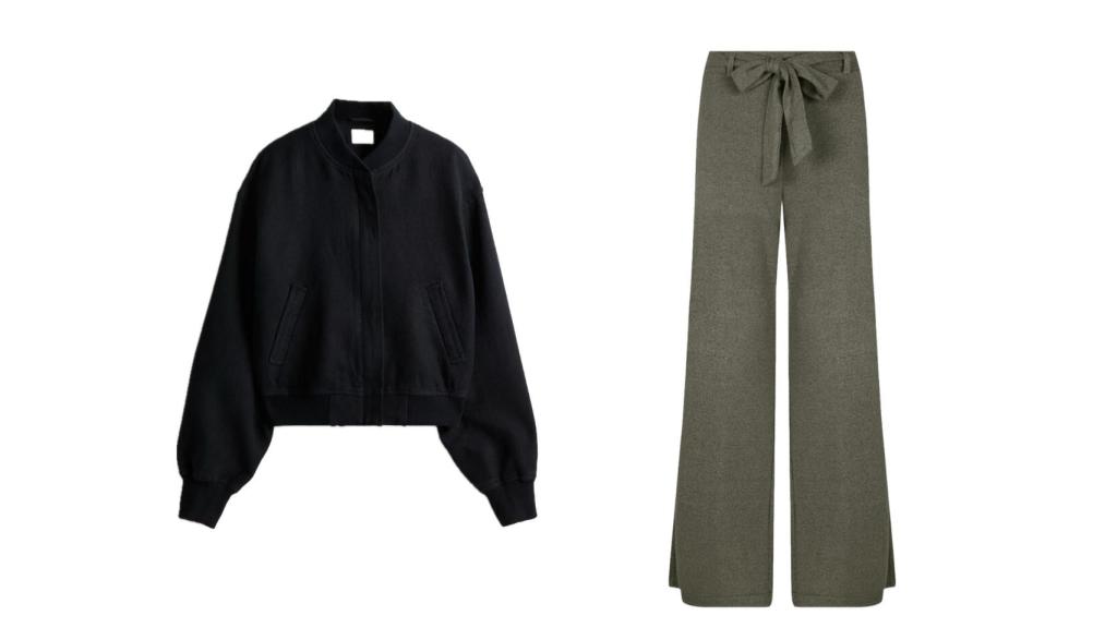 Chaqueta bomber de lino con pantalones oversize de Cortefiel.