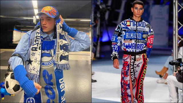 La innovadora colección de un joven diseñador valenciano con bufandas de fútbol. EE