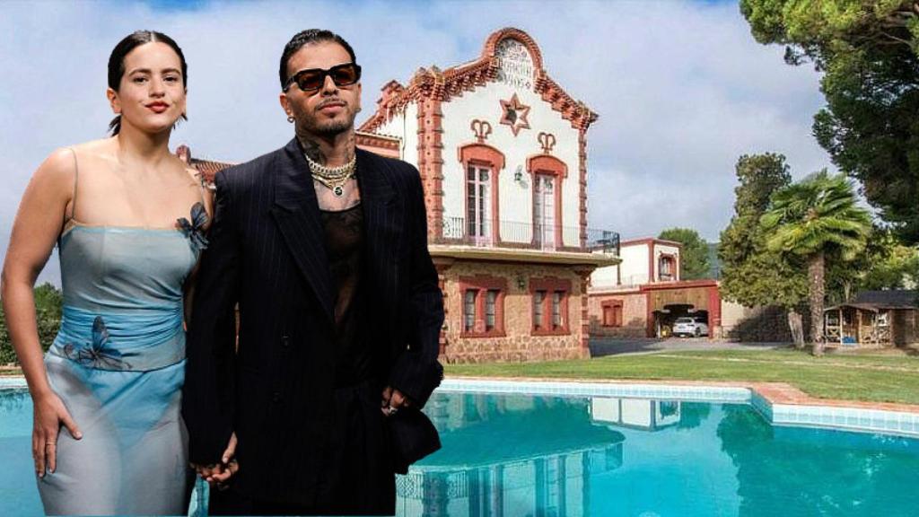 Rauw Alejandro y Rosalía junto al palacete de Barcelona, en un montaje de JALEOS.