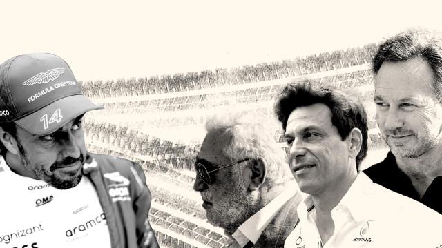 Fernando Alonso, Lawrence Stroll, Toto Wolff y Christian Horner, en un montaje