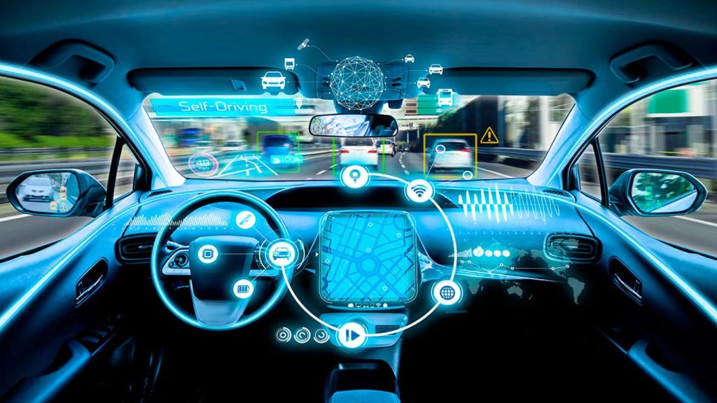 Infografía con un coche autónomo generando información y datos.