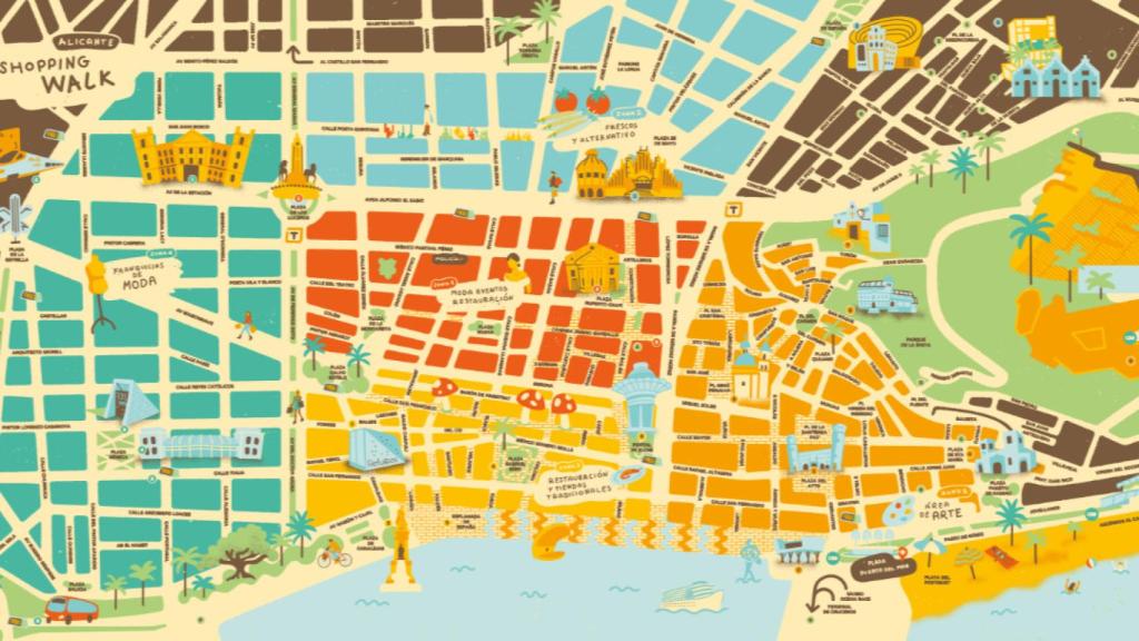 El mapa de Alicante dividido por zonas para los cruceristas.