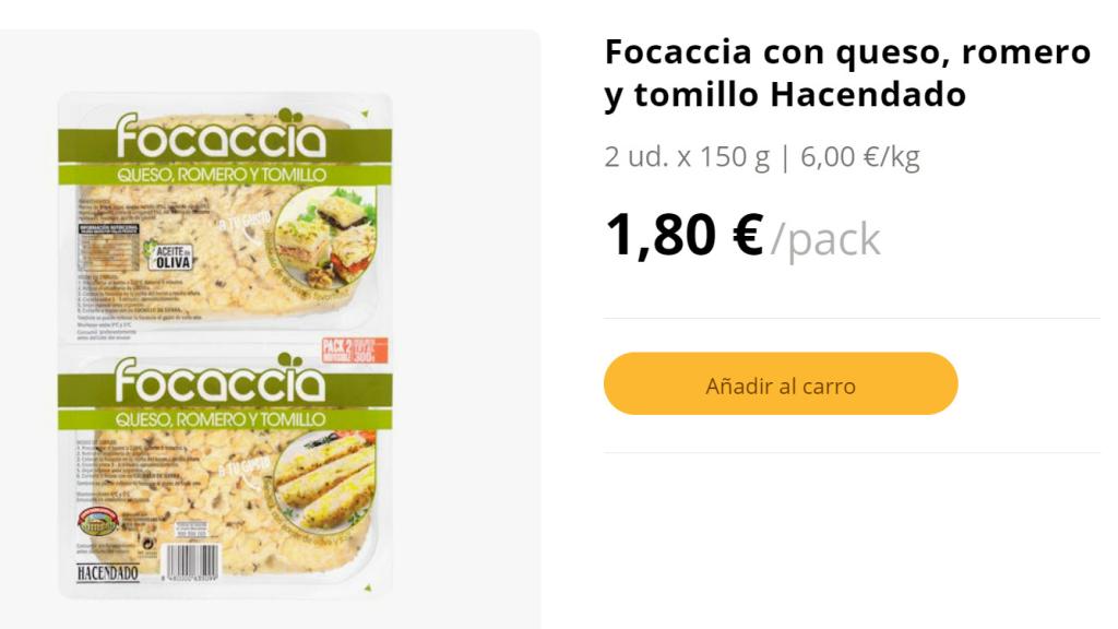 Focaccia con queso, romero y tomillo Hacendado.