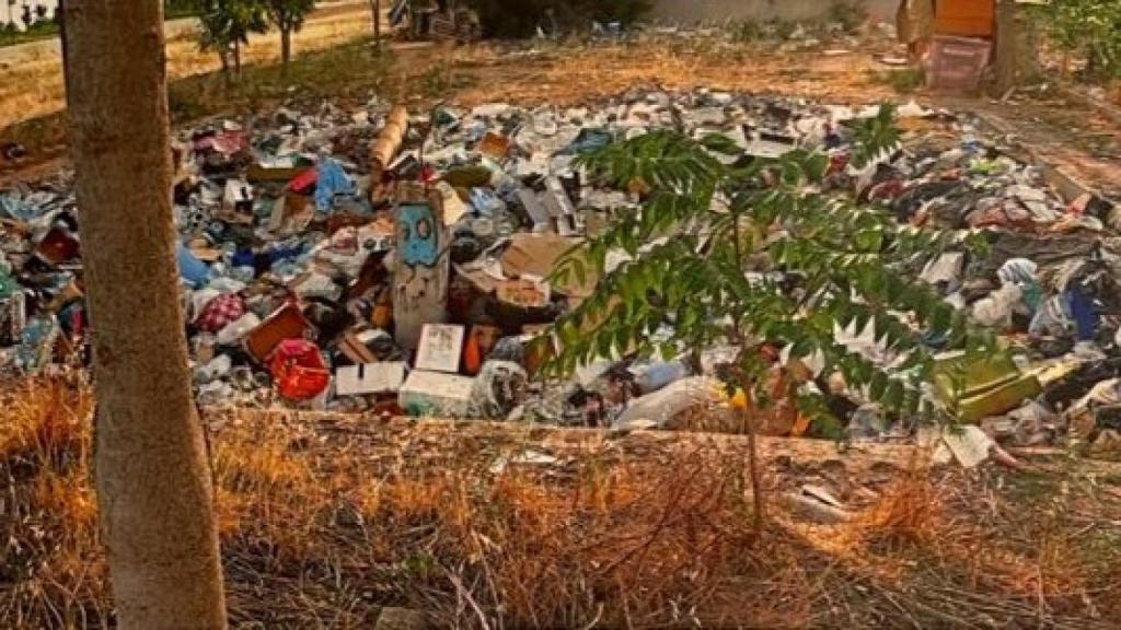El vaso de la piscina de Adela colmatado de basura.