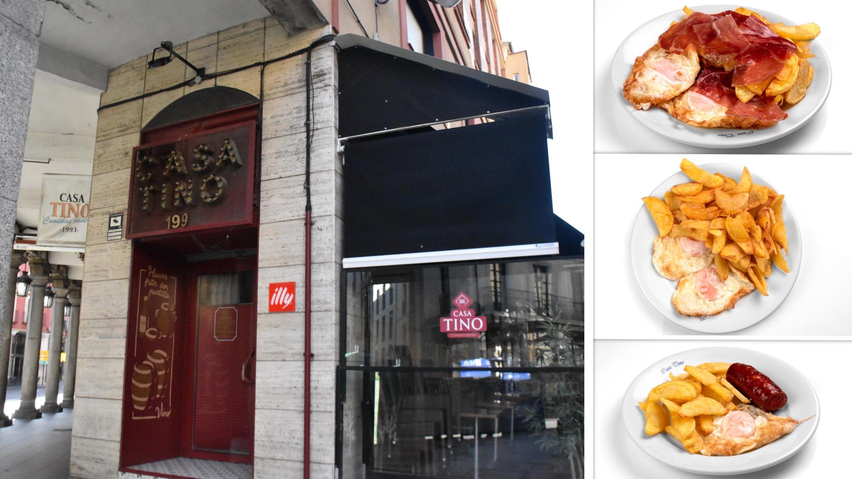 Montaje de la entrada de la Casa Tino y sus famosos huevos fritos con patatas, chorizo y/o jamón