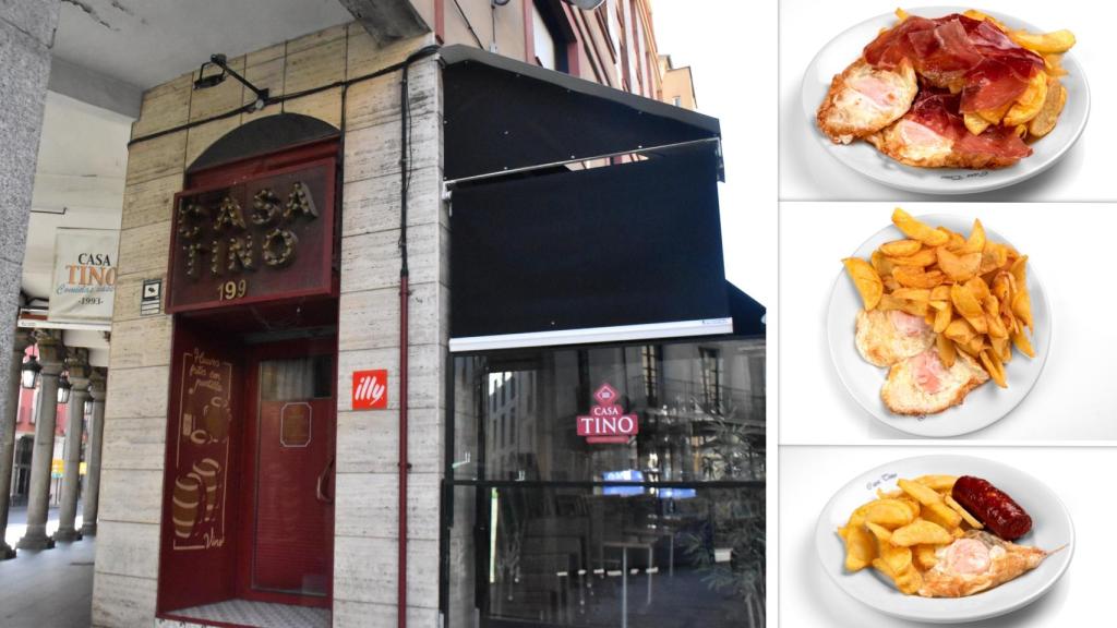 Montaje de la entrada de la Casa Tino y sus famosos huevos fritos con patatas, chorizo y/o jamón