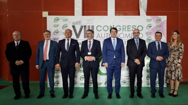 Acto de clausura del VIII Congreso Autonómico de CSIF, en el que interviene el presidente de la Junta de Castilla y León, Alfonso Fernández Mañueco; el presidente nacional de CSIF, Miguel Borra, y el reelegido presidente autonómico, Benjamín Castro, entre otras autoridades