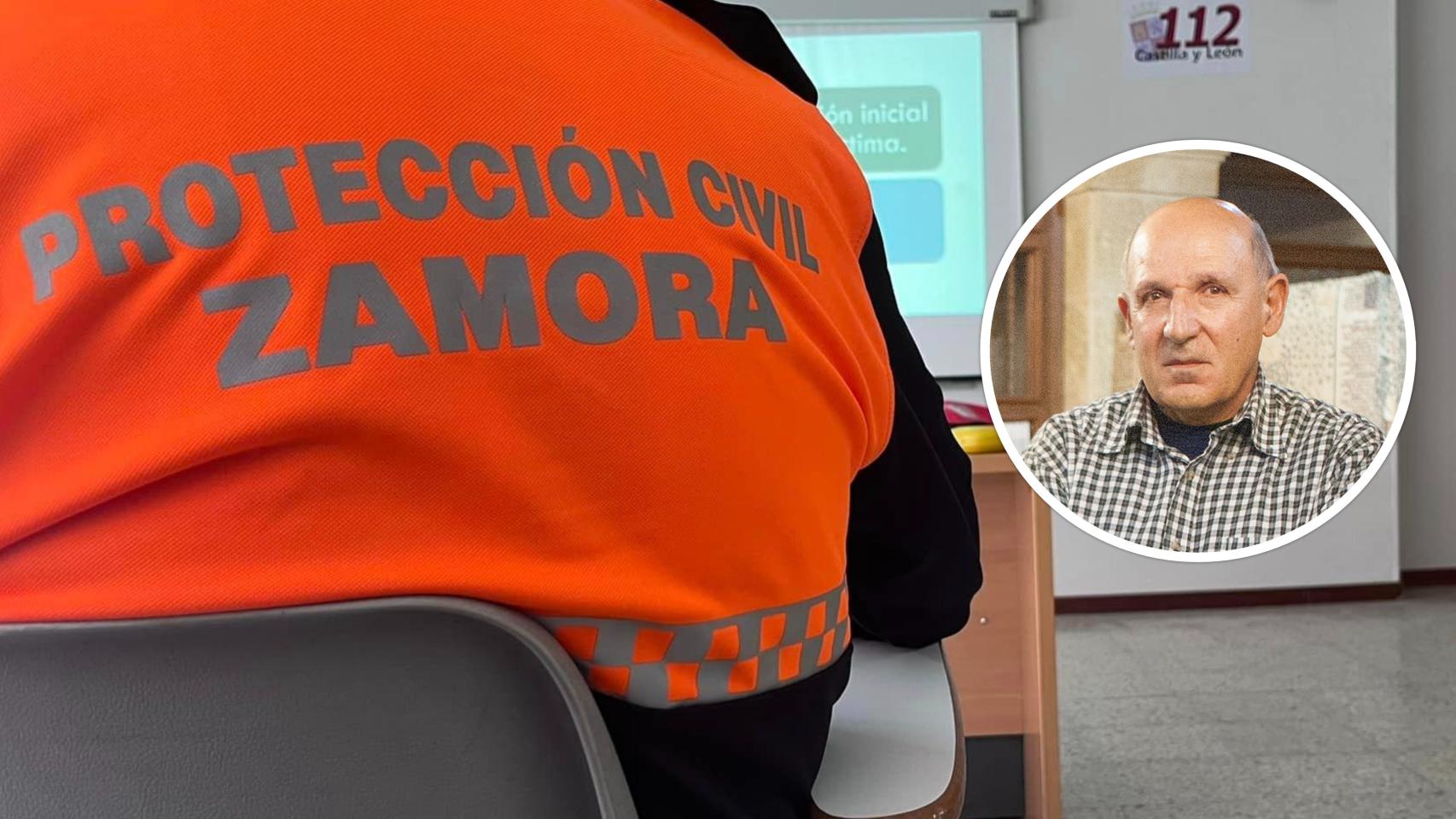 Un voluntario de Protección Civil Zamora en imagen de archivo y el jefe de la agrupación, Luis Vicente Pastor