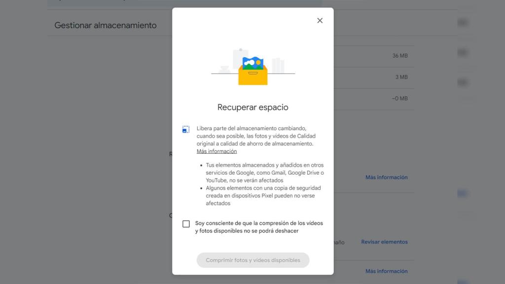 La opción de recuperar espacio en Google Fotos en la versión web