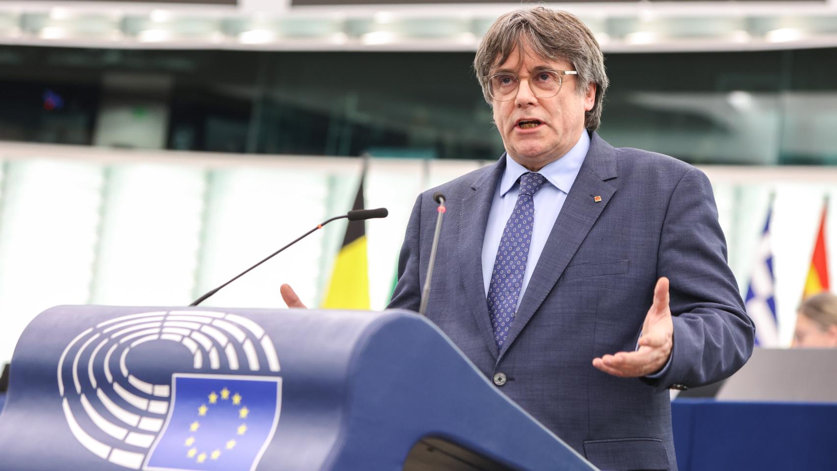 El expresidente de la Generalitat, Carles Puigdemont, durante una intervención ante la Eurocámara