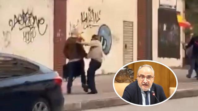 Momento de la agresión a Olegario Ramón en Ponferrada y, en detalle, el exalcalde berciano