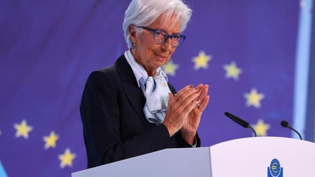 La presidenta del BCE, Christine Lagarde, durante la rueda de prensa de este jueves en Fráncfort