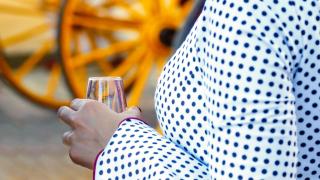 Imagen de una mujer vestida de flamenca con una copa de vino