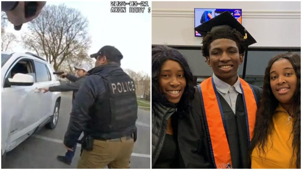 Un fotograma del vídeo en el que la policía mata a Dexter Reed (izda), y el joven con su familia (dcha).