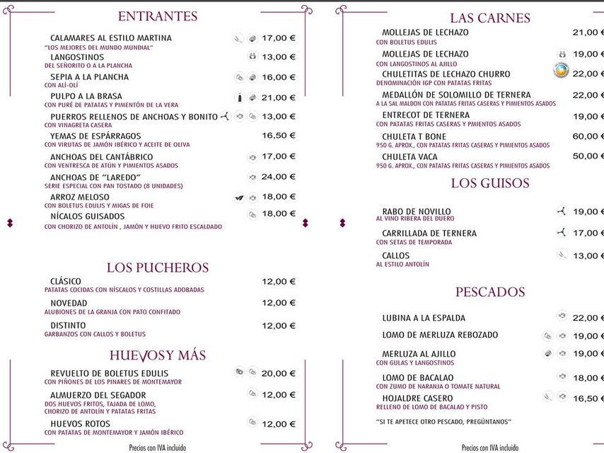 La carta del Restaurante La Martina con sus exquisitos calamares