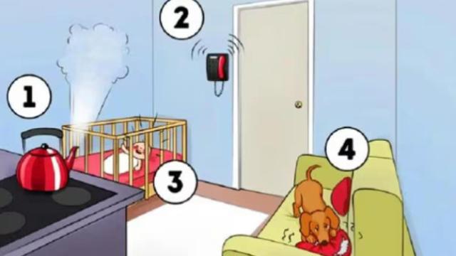 TEST VISUAL | Esta imagen te muestra el interior de una casa, donde una tetera debe ser apagada, un bebé llora, un teléfono recibe una llamada y un perro muerde un cojín.