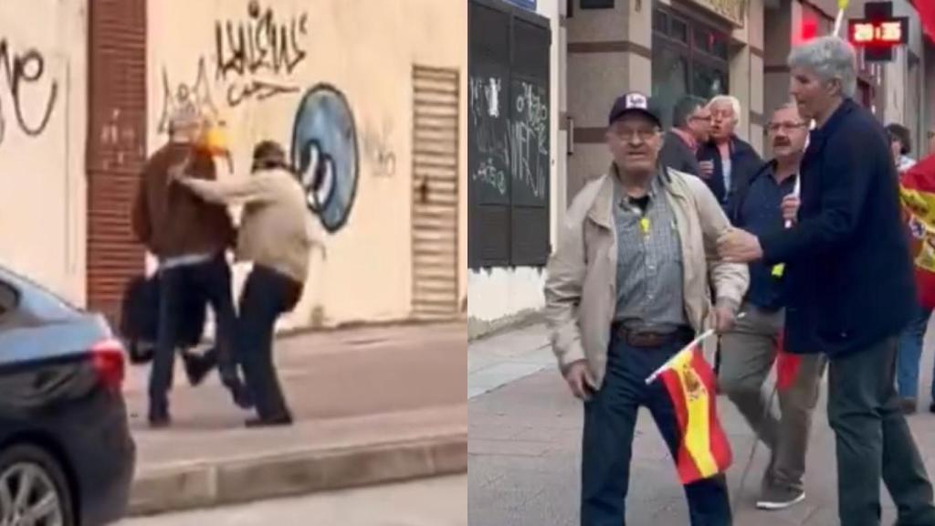 Momento de la agresión a Olegario Ramón, en abril de 2024, y su agresor, en un montaje de EL ESPAÑOL