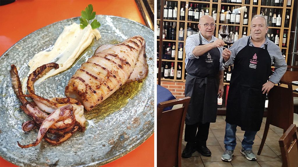 Susi y Carlos a la derecha y un calamar de Restaurante La Martina a la izquierda