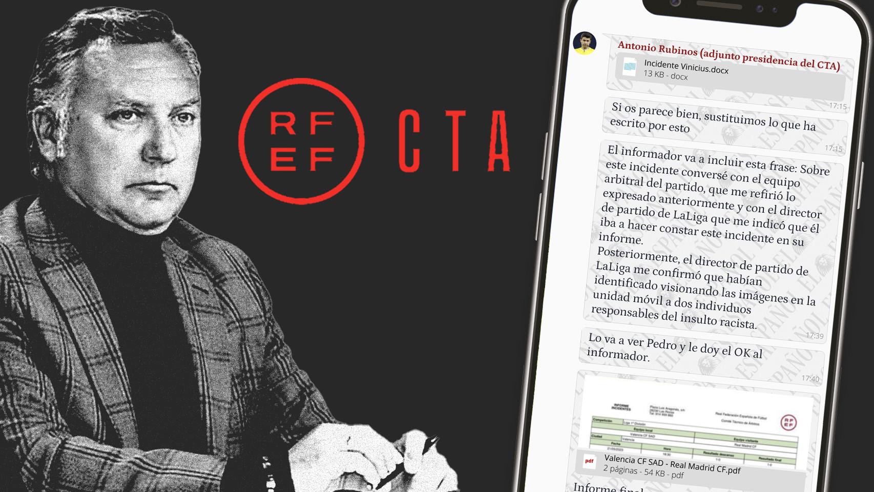 Medina Cantalejo y uno de los mensajes enviados por su adjunto con el informe manipulado del Valencia CF - Real Madrid CF