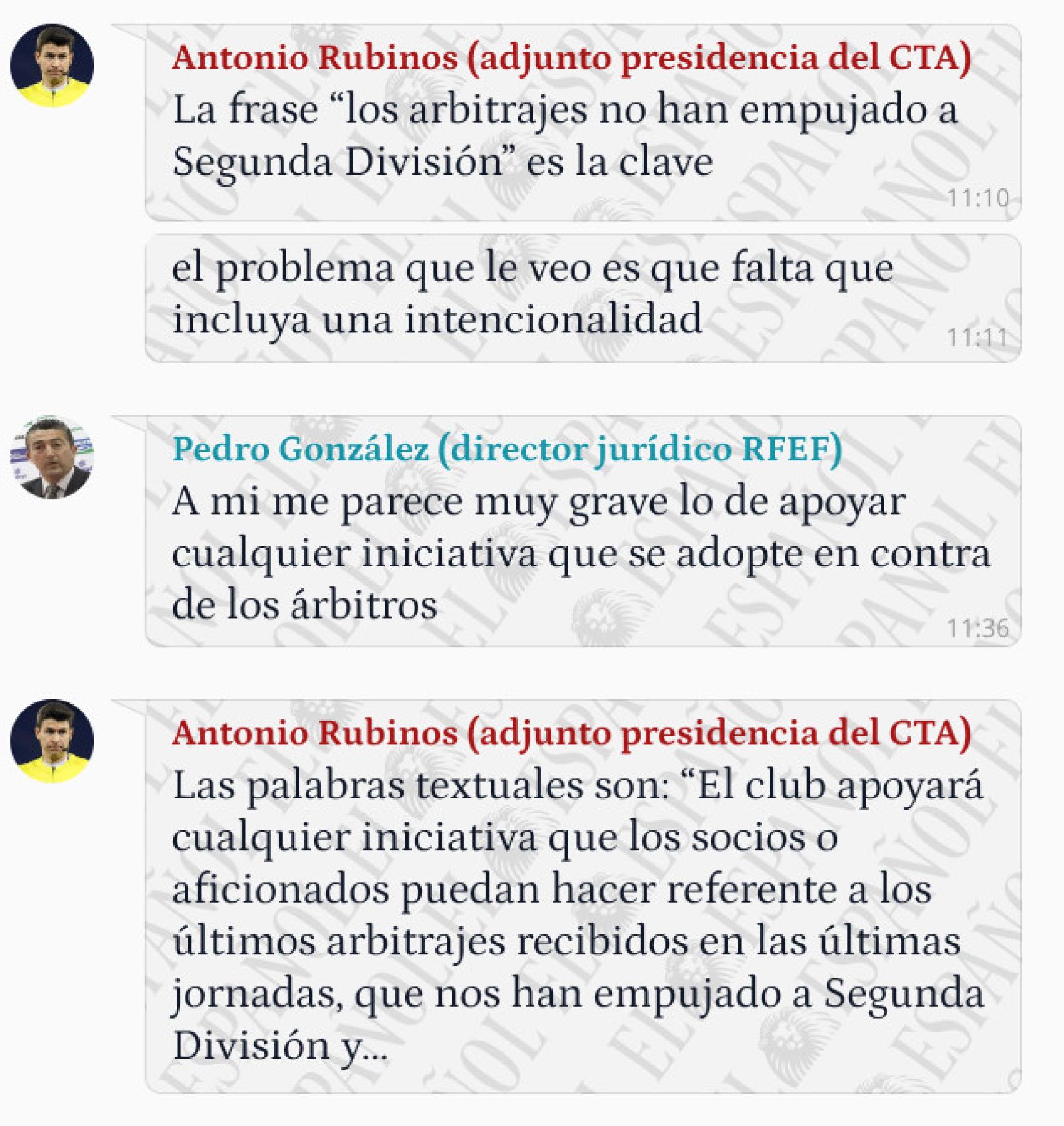 Conversación en el grupo de WhatsApp de directivos del CTA y de la RFEF: RCD Espanyol - Atlético de Madrid