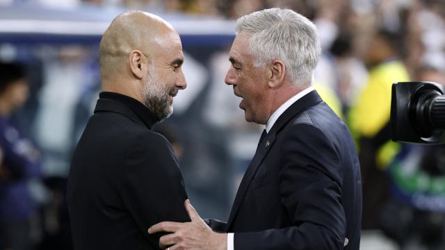 Ancelotti y Guardiola, antes de la ida de los cuartos de final de la Champions League.