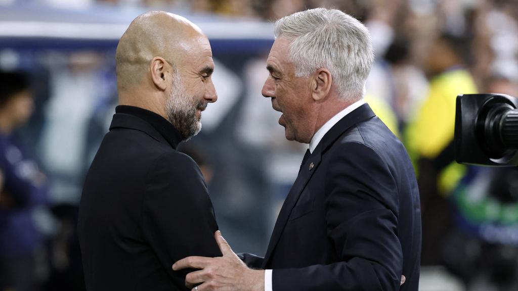 Ancelotti y Guardiola, antes de la ida de los cuartos de final de la Champions League.