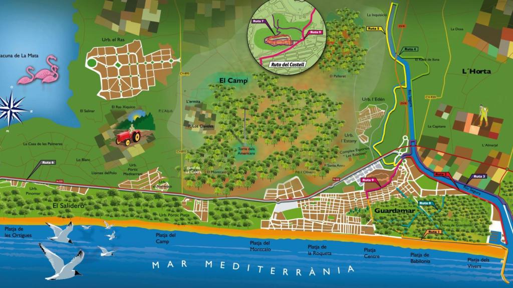 El plano de las rutas que ofrece Guardamar del Segura.