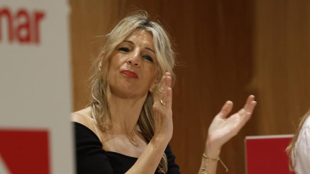 La vicepresidenta segunda del Gobierno y coordinadora general de Sumar, Yolanda Díaz, y su candidata a lehendakari, Alba García, este sábado en Barakaldo.