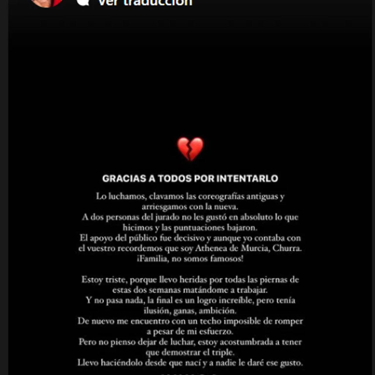 Comunicado de Athenea Pérez en sus redes sociales.
