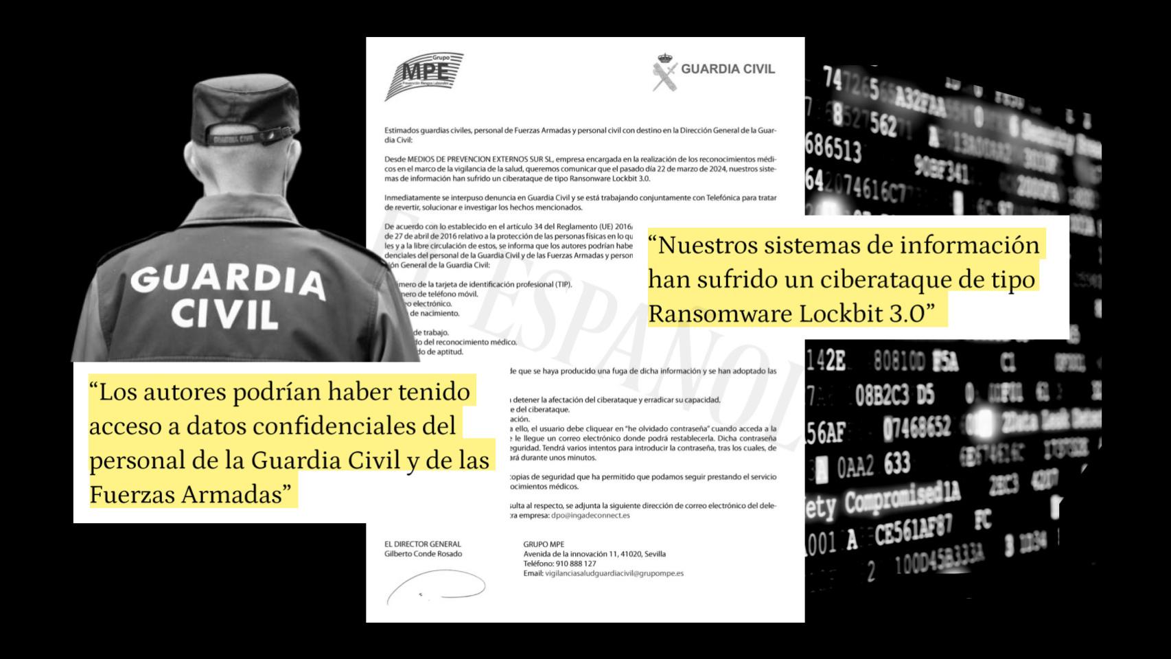 Montaje con el documento que prueba el ciberataque a la Guardia Civil