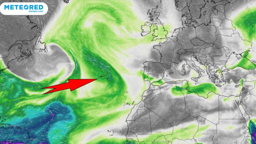 Las masas de aire húmedo que impulsan la DANA hacia España. Meteored.