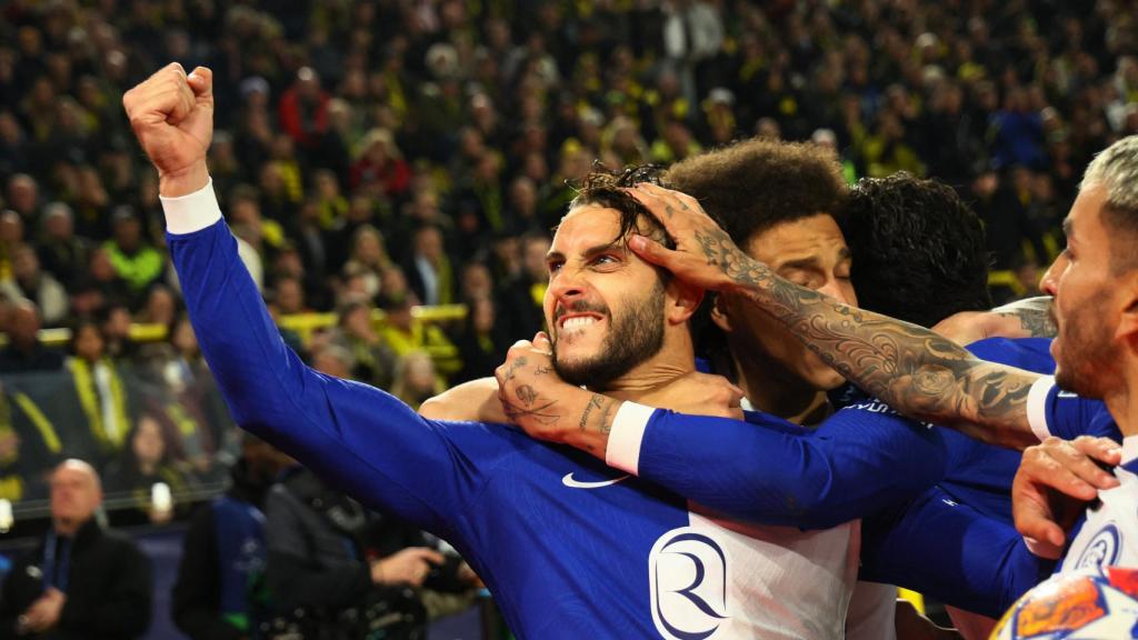 Mario Hermoso celebra el gol del Atlético en Alemania.